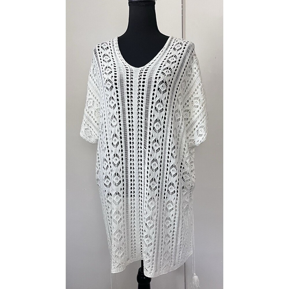 Women Open Knit Crochet Lace up Sides Boho Festival Hippie Swim Cover‎ Up Cream